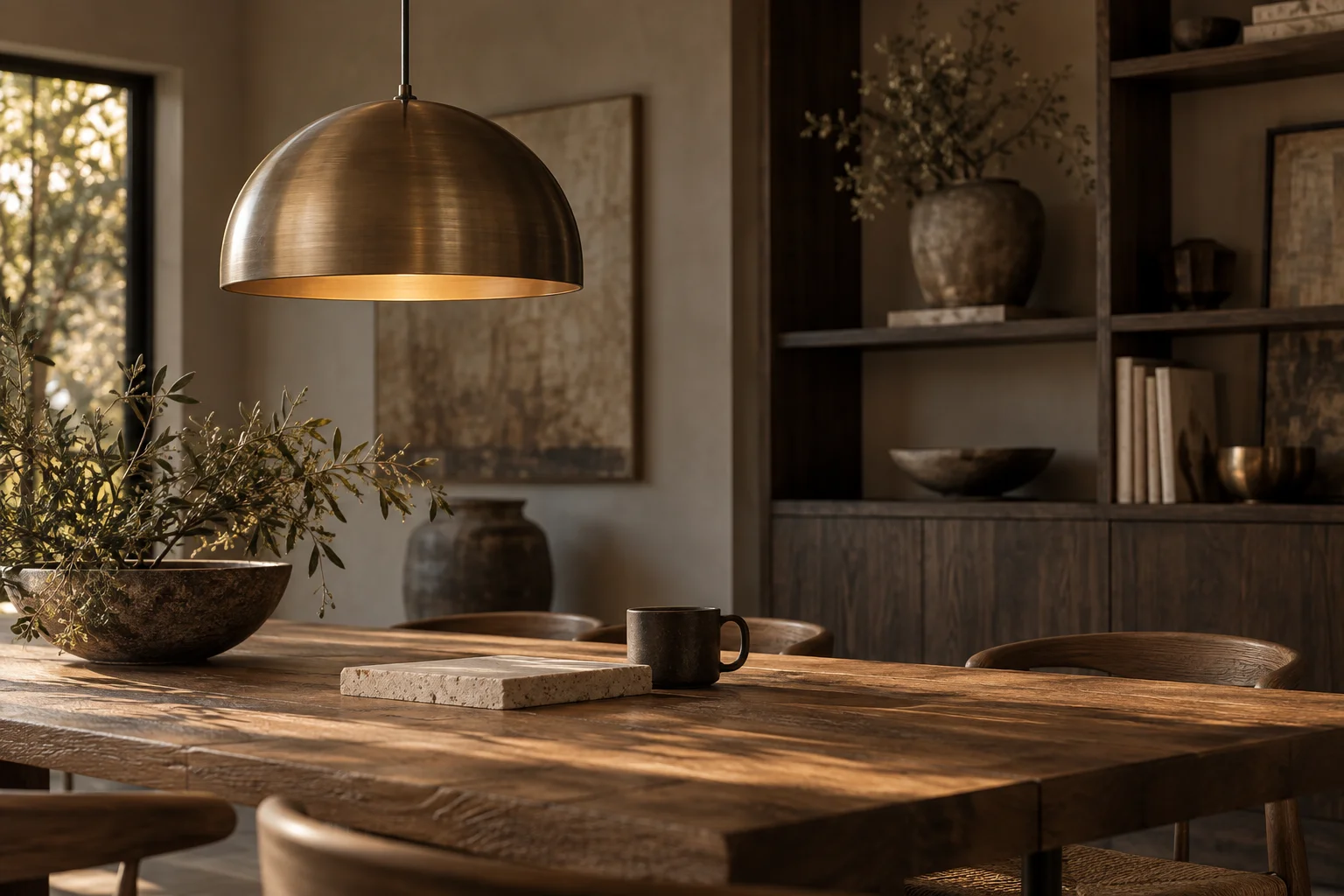 Pendant light above a wooden table in a warm interior