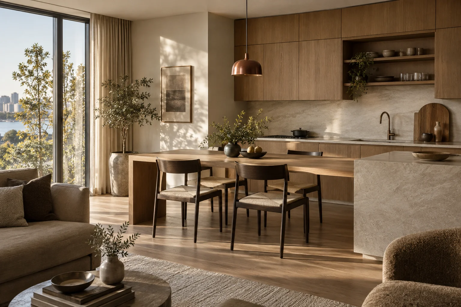 Warm wood tones and natural light in an interior